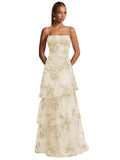 Ruffle Floral Embroidery Prom Dress Long A Line Tiered Bridesmaid Dresses Formal Evening Gowns