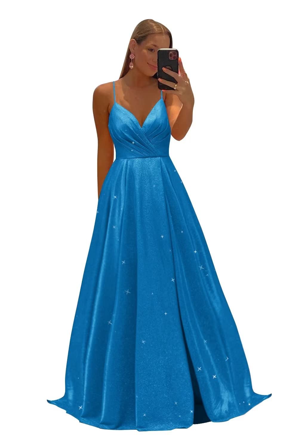 Women's Spaghetti Straps Prom Dresses Long V-Neck Sparkling Bridesmaid Dresses Formal Evening Gowns with High Slit
