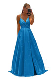 Women's Spaghetti Straps Prom Dresses Long V-Neck Sparkling Bridesmaid Dresses Formal Evening Gowns with High Slit