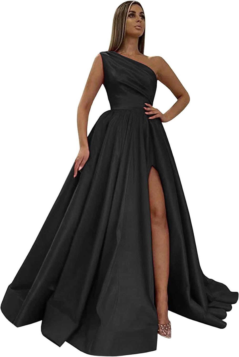 Women's One Shoulder Prom Dresses 2026 Long Slit Satin Formal Evening Gowns with Pockets