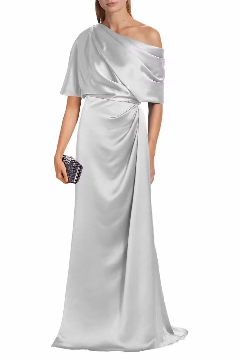 Satin Mother of The Bride Dresses for Wedding One Shoulder Formal Dress with Sleeves Mermaid Evening Party Gowns