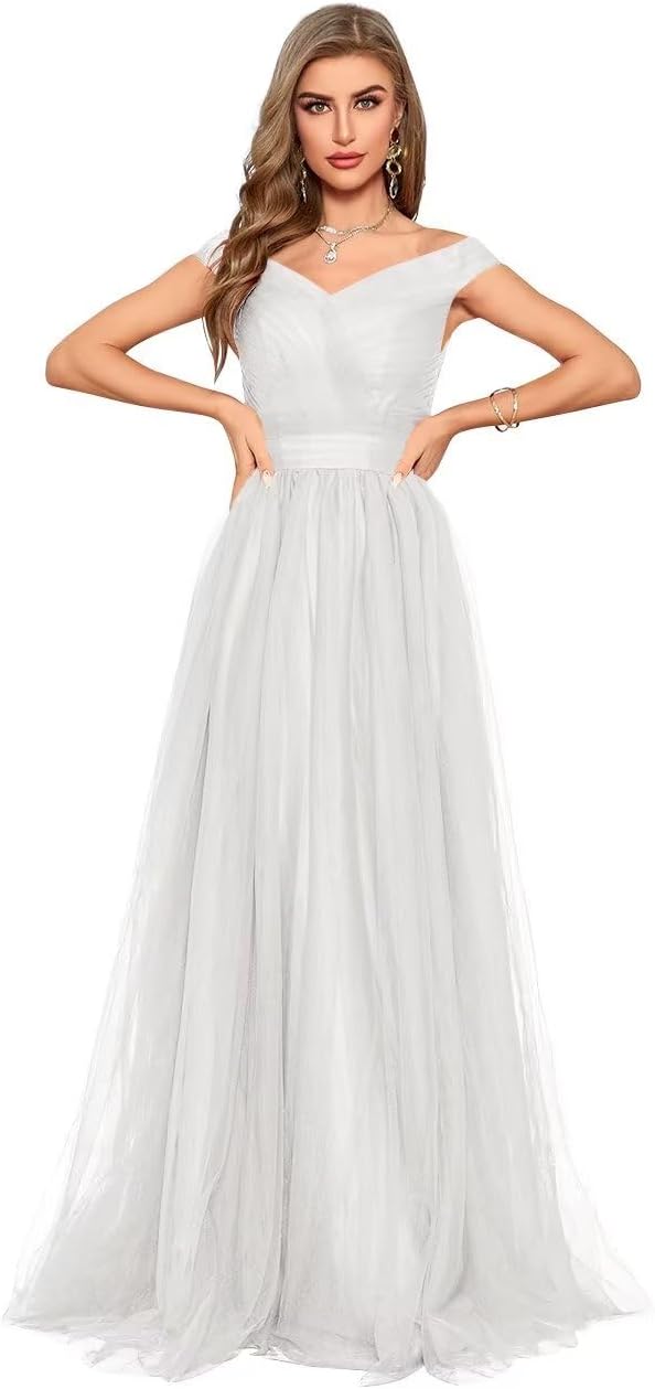 Schulterfreies Ballkleid, langes Ballkleid für Damen, A-Linie, Herzausschnitt, mehrlagiges Tüllkleid für Hochzeit, Abendparty 