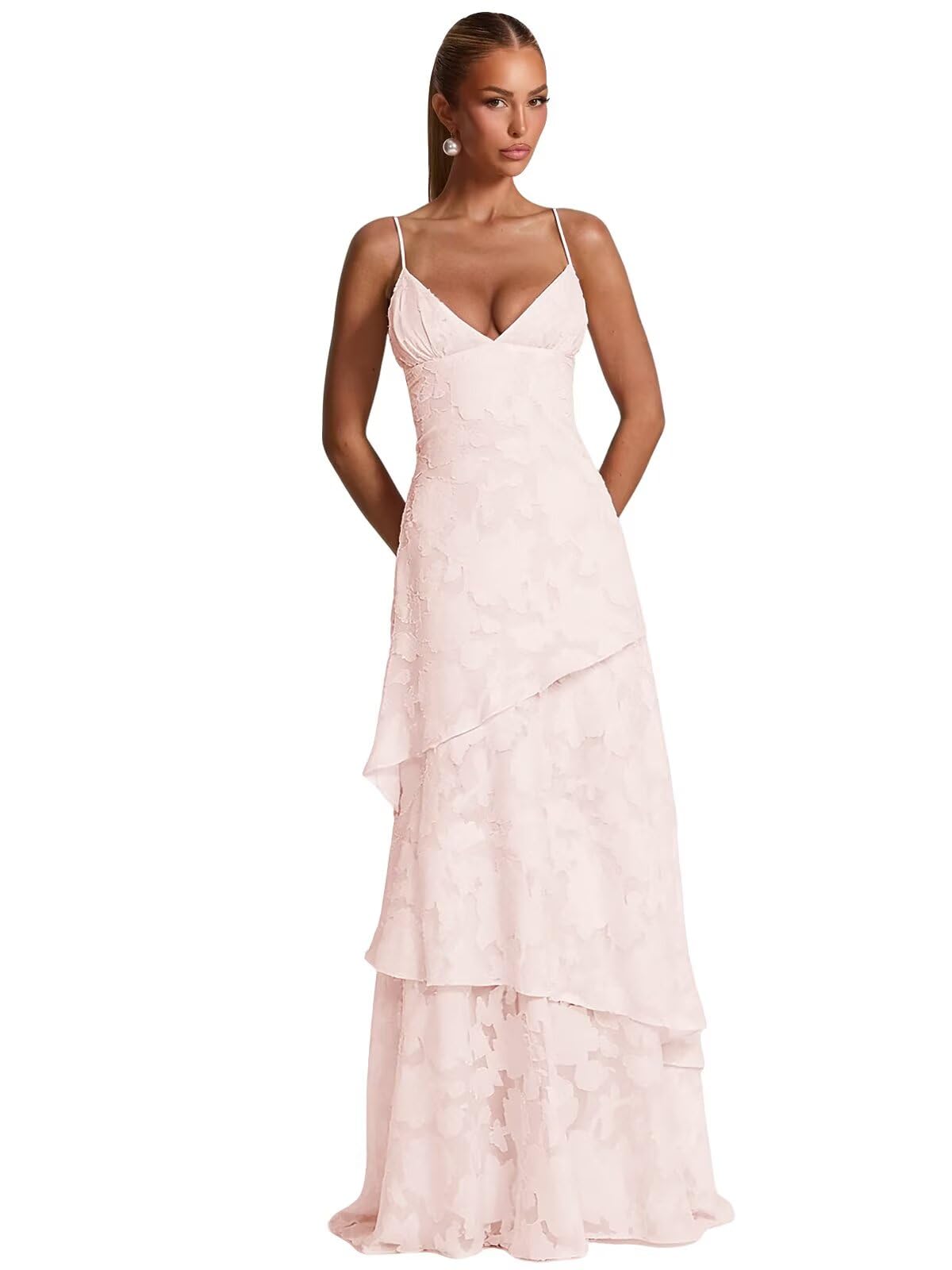 Spaghetti Strap Floral Bridesmaid Dresses for Women Tiered Ruffle A-Line Long Formal Prom Dress