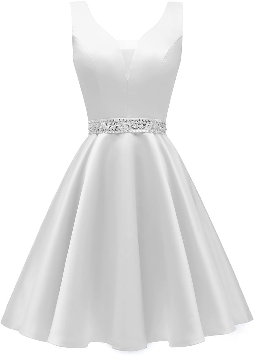 Satin Glitter Homecoming Dresses for Teens Short Prom Dress V-Neck Beaded Evening Formal Cocktail Party Gowns