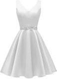 Satin Glitter Homecoming Dresses for Teens Short Prom Dress V-Neck Beaded Evening Formal Cocktail Party Gowns