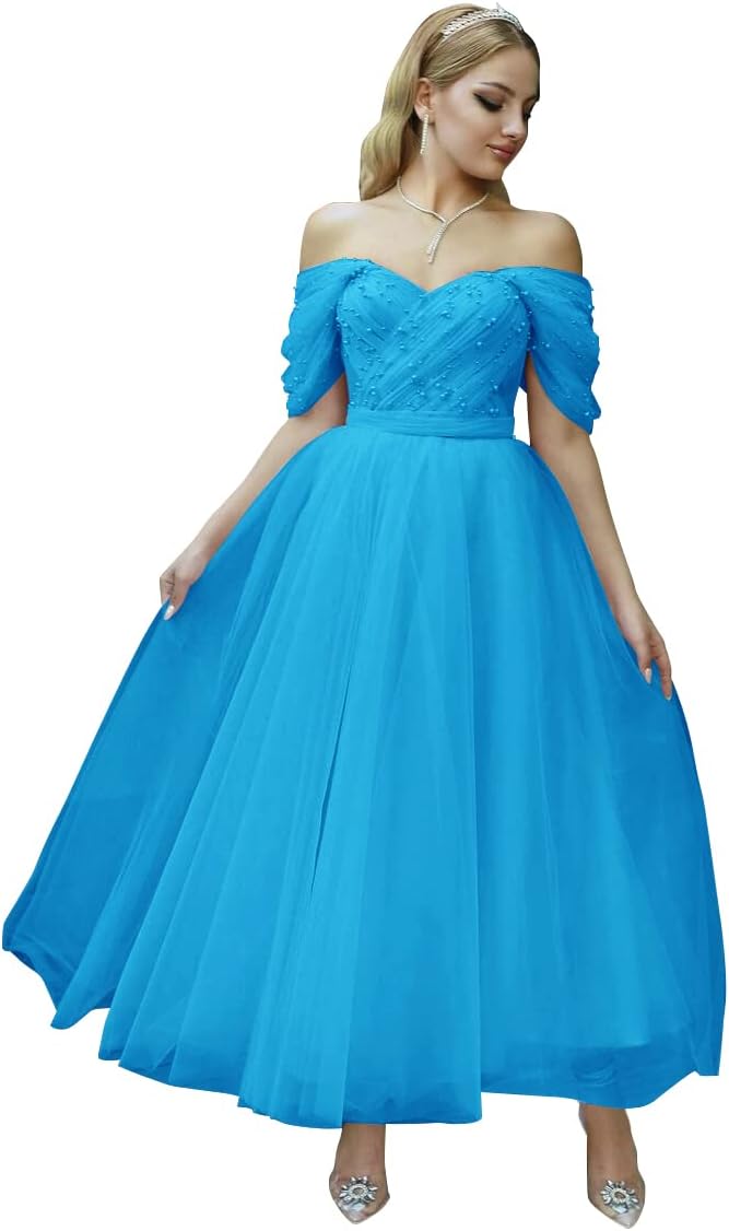 Tulle Tea Length Prom Dresses for Women Off The Shoulder Ball Gowns Teens Sweetheart Beaded Puffy Princess Dress