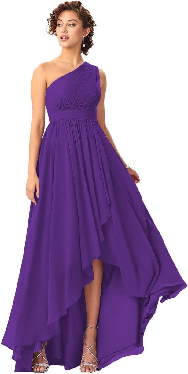 Women's One Shoulder Bridesmaid Dresses High Low Chiffon Formal Party Gowns with Pockets