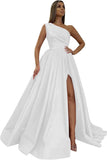Women's One Shoulder Prom Dresses 2026 Long Slit Satin Formal Evening Gowns with Pockets