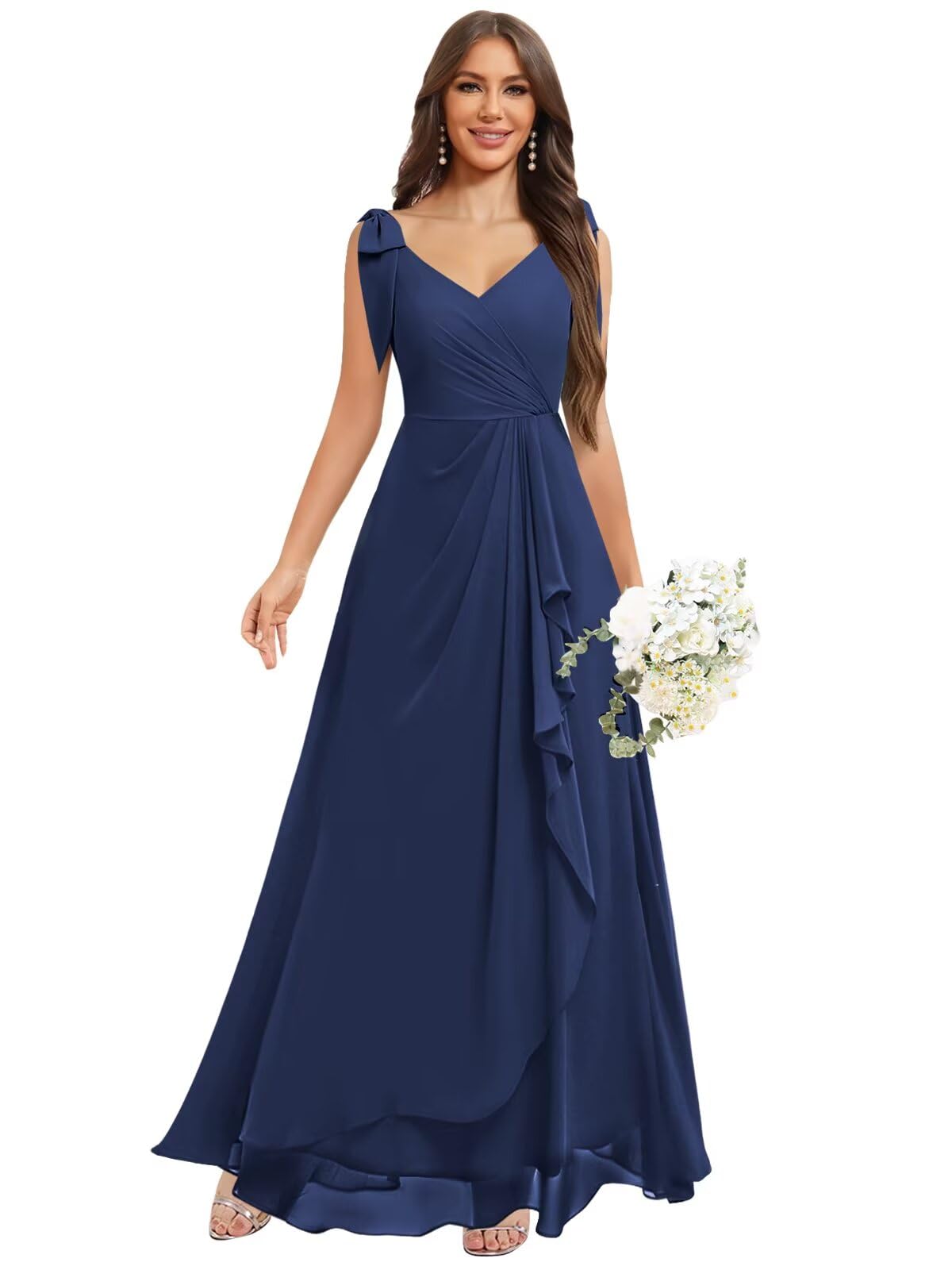 Chiffon Bridesmaid Dresses for Women Ruffles V Neck Flowy Long Formal Evening Dress with Bow