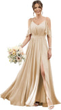 Women's Cold Shoulder Ruffle Sleeves Bridesmaid Dresses for Women 2025 Pleated Chiffon Formal Dresses with Slit