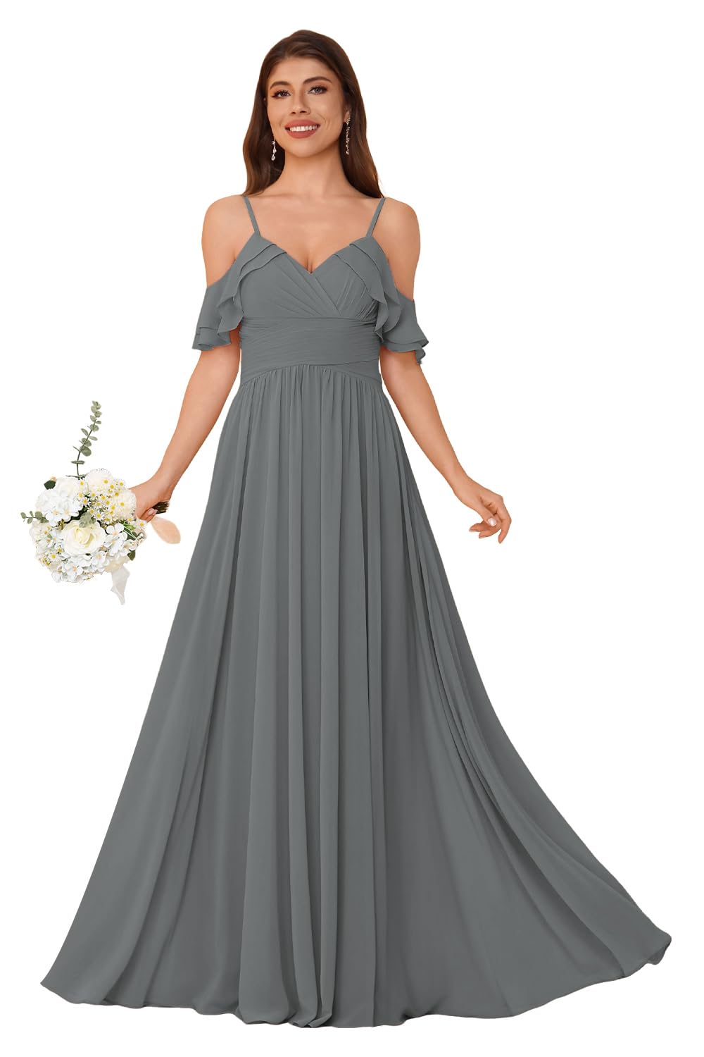 Women's Long Chiffon Bridesmaid Dresses Ruffle V Neck Formal Evening Prom Gown Spaghetti Strap Maxi Wedding Guest Dress