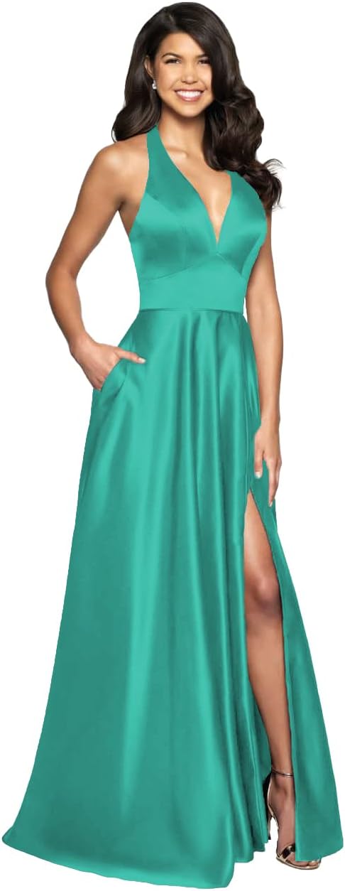 Womens Satin Prom Dresses Long with Slit Halter Evening Formal Gowns for Women with Pockets