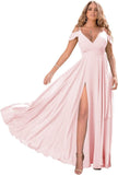 Schulterfreie Brautjungfernkleider 2025 für Frauen, langes Chiffon-Abendkleid mit V-Ausschnitt und Schlitz