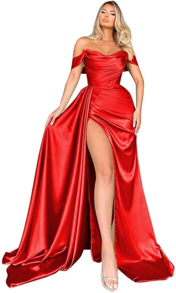 Off Shoulder Satin Bridesmaid Dresses Long Formal Gown for Wedding Ruched Prom Dress with Slit