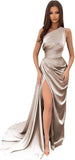 Vestidos de dama de honor largos con un hombro al descubierto y pliegues de satén estilo sirena para fiesta de boda formal 