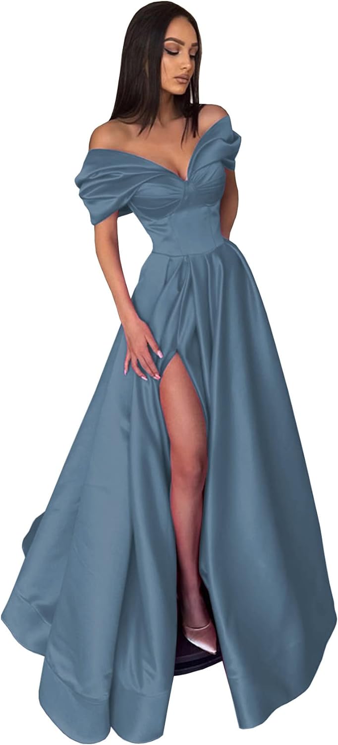 Women’s Off The Shoulder Prom Dresses with Slit Satin Ruched Long Formal Evening Gowns