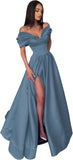 Women’s Off The Shoulder Prom Dresses with Slit Satin Ruched Long Formal Evening Gowns