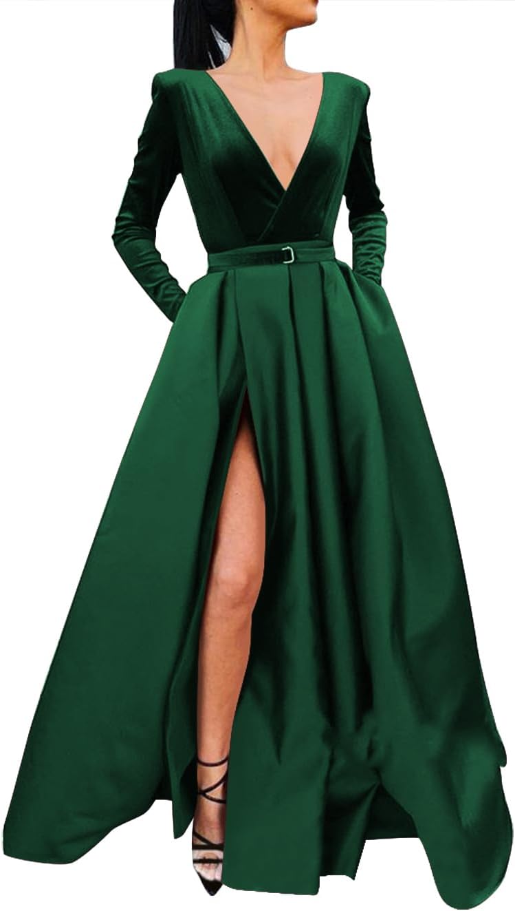 Vestido de fiesta de satén con lentejuelas brillantes para mujer, con bolsillos, manga larga y abertura. 