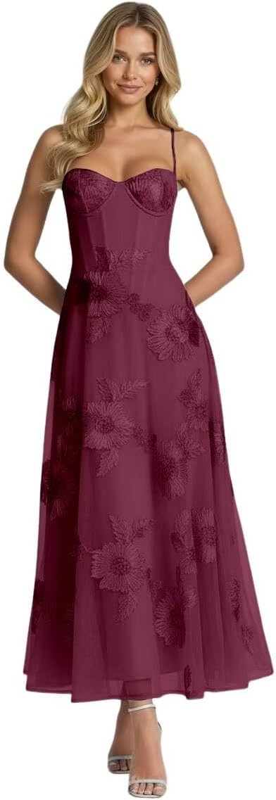 Floral Jacquard Tulle Prom Dresses Spaghetti Straps Formal Evening Party Dress Tea Length Gown