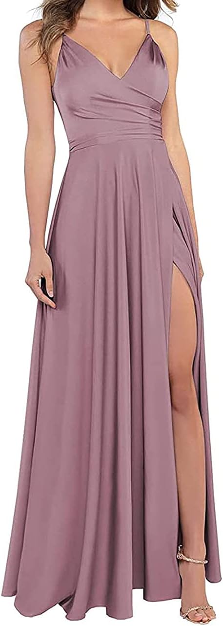 Lange Brautjungfernkleider für Frauen, formelle Satin-Spaghettiträger, Abschlussball- und Abendkleider 