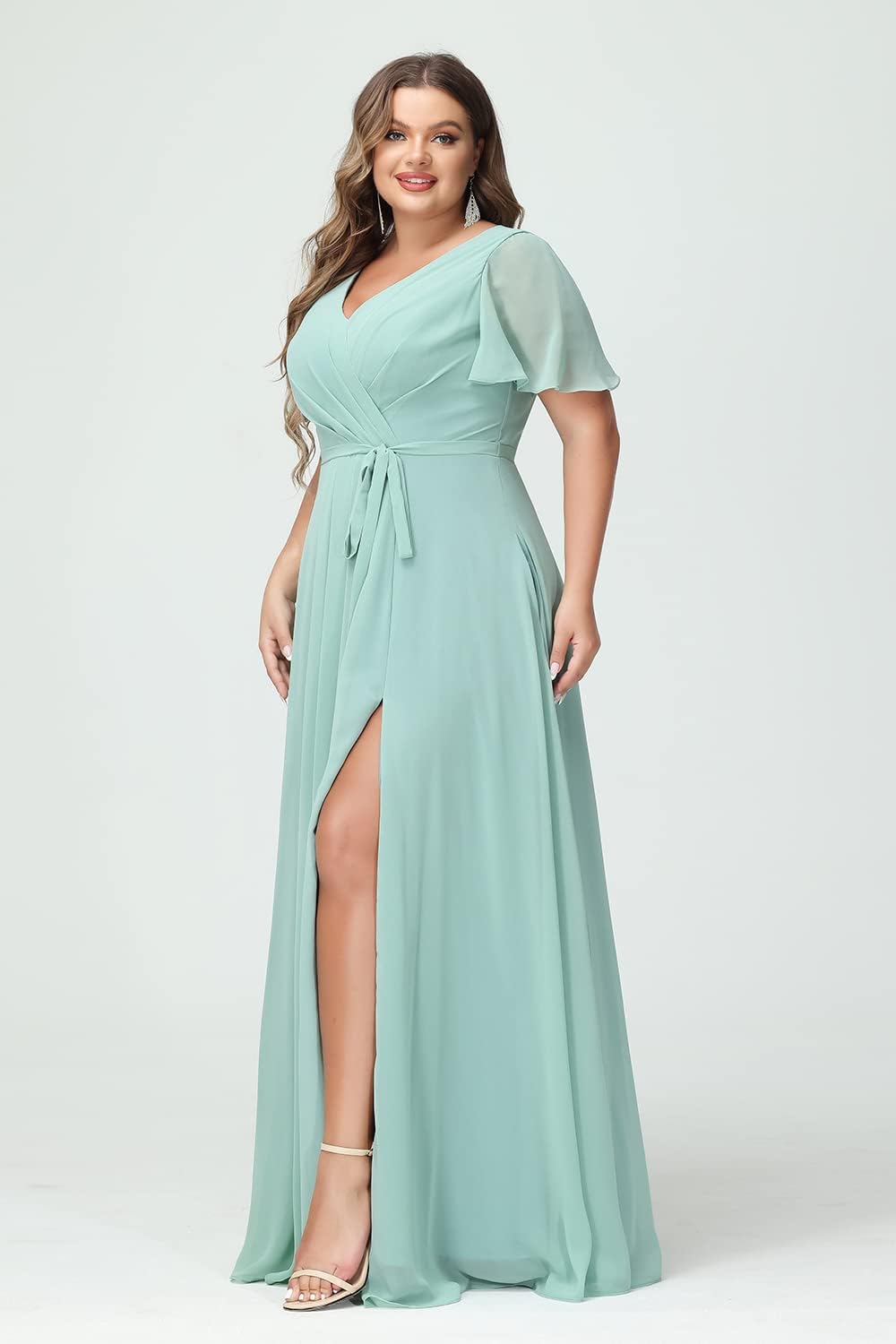 Plus Size Bridesmaid Dresses with Pockets V Neck Chiffon Flutter Sleeves Formal Evening Gowns with Slit