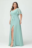 Plus Size Bridesmaid Dresses with Pockets V Neck Chiffon Flutter Sleeves Formal Evening Gowns with Slit
