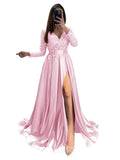 Long Sleeve Sequin Prom Dresses for Women 2027 Satin Formal Dress Sparkly Slit Evening Party Gown with Pocket