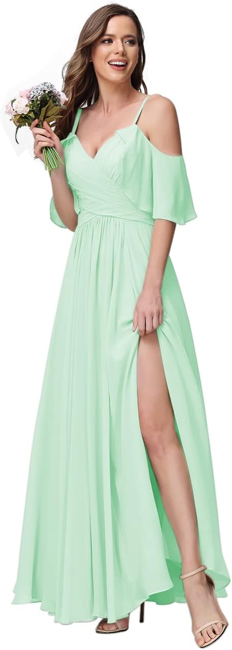 Women's Long Spaghetti Straps Bridesmaid Dress with Slit Off Shoulder Chiffon Formal Party Gowns