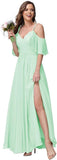 Women's Long Spaghetti Straps Bridesmaid Dress with Slit Off Shoulder Chiffon Formal Party Gowns