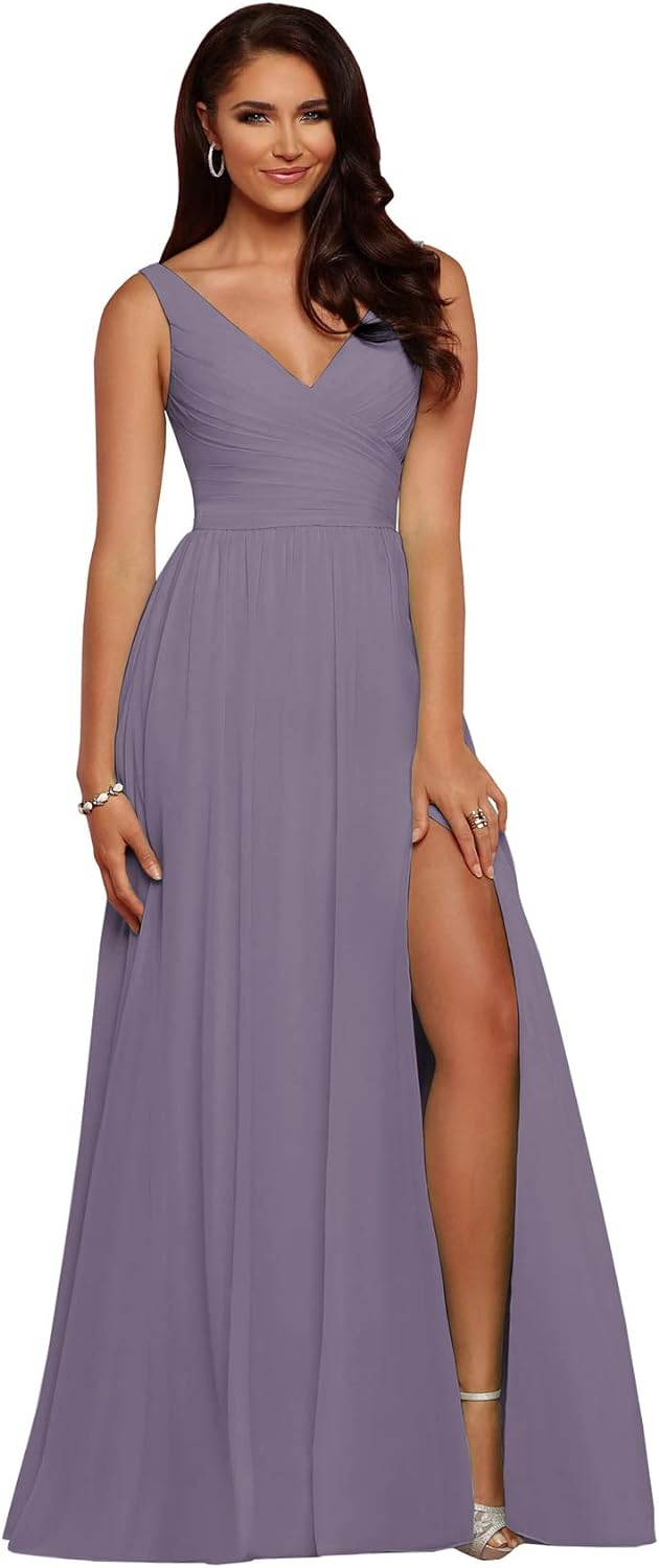 Vestidos de dama de honor largos con escote en V y abertura en gasa, corte A, plisados, para noche, fiesta formal