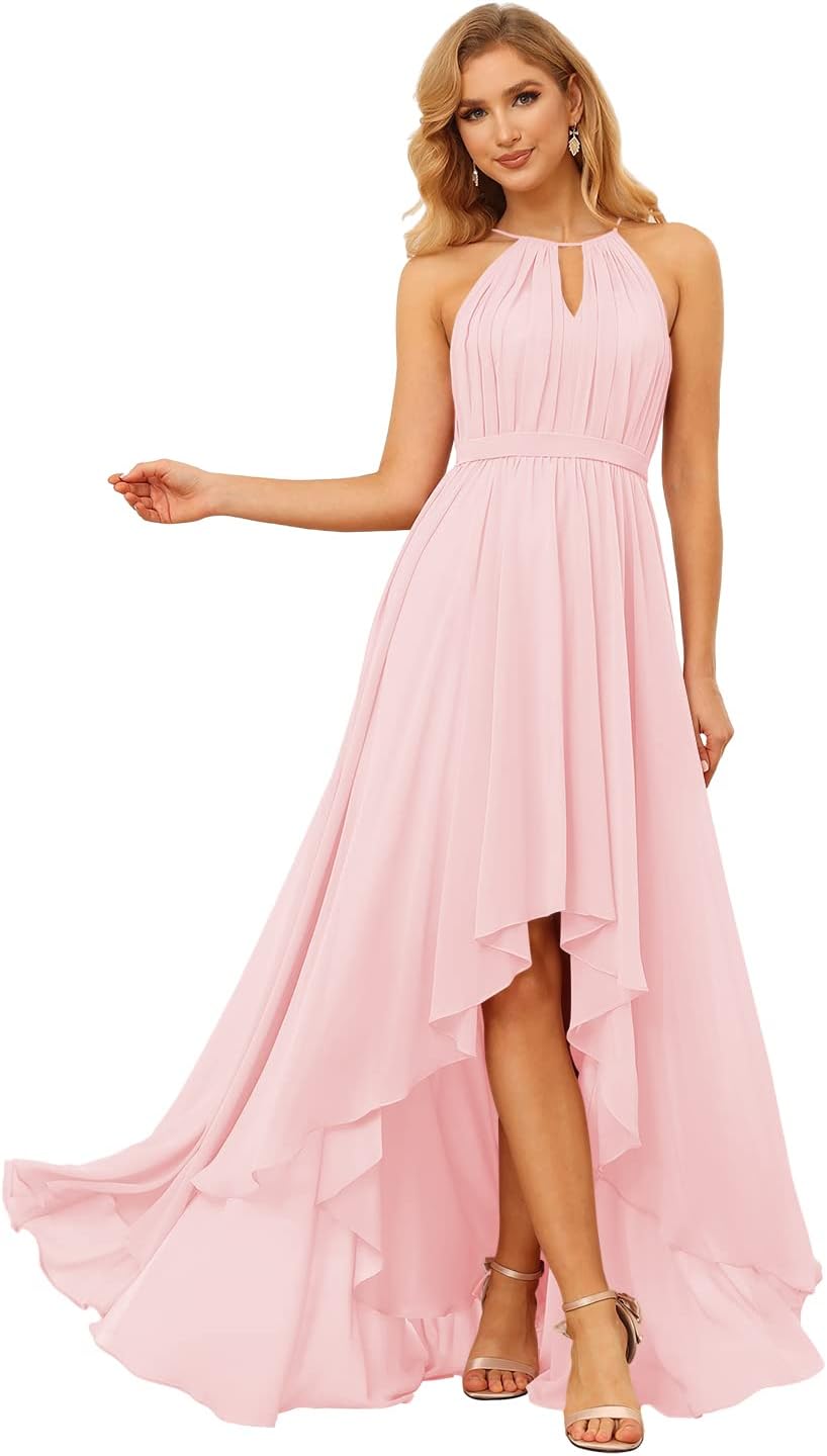 Damen Neckholder Brautjungfernkleider Lang mit Taschen High-Low Falten Formelles Kleid für Hochzeit 