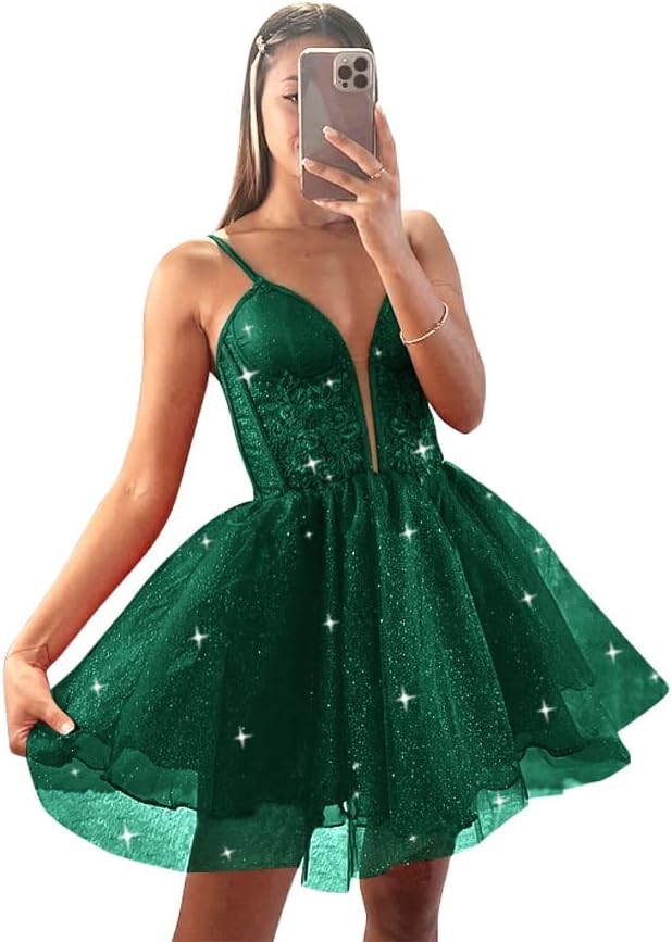 Glitter Tulle Homecoming Dresses for Teens Spaghetti V Neck Short Prom Dresses A Line Mini Cocktail Party Gowns