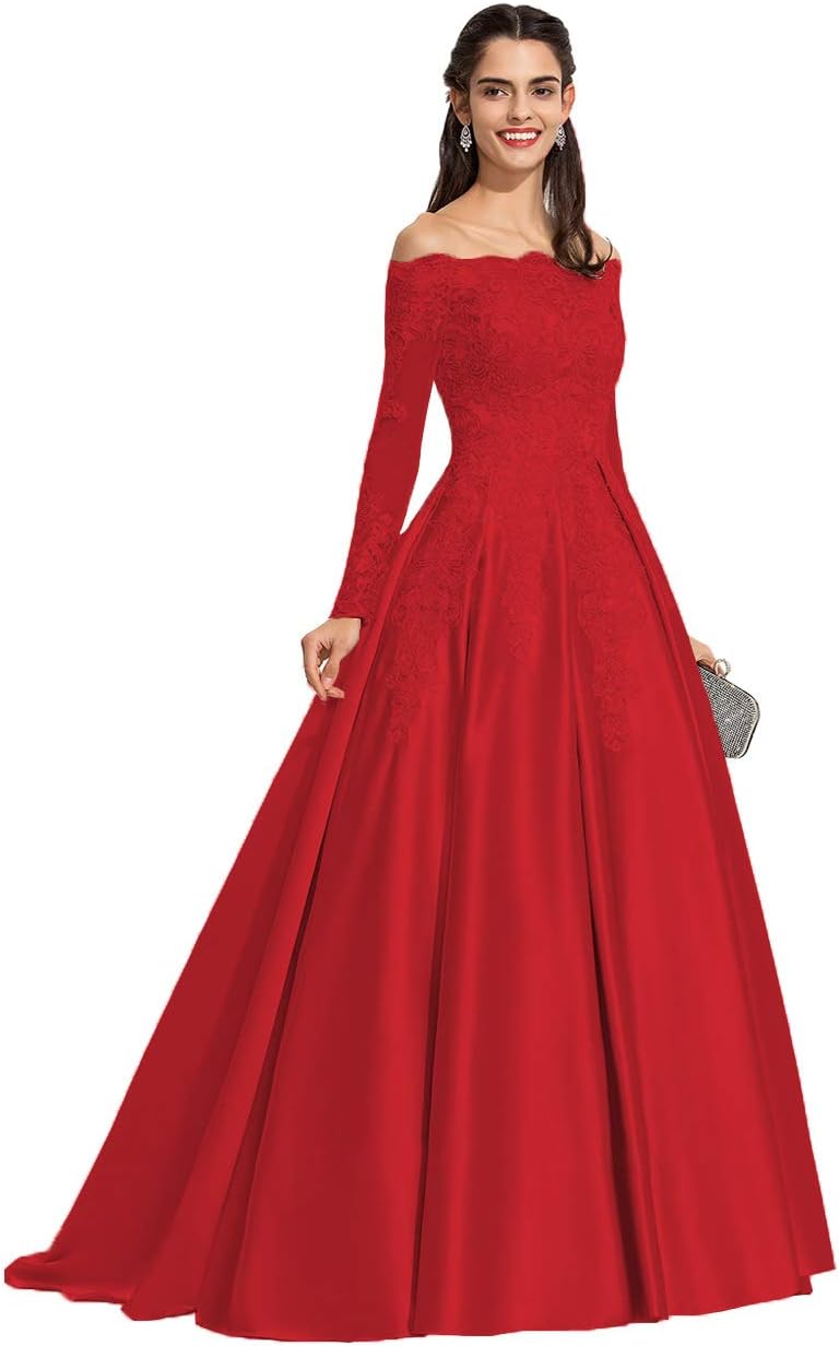 Vestidos de fiesta formales de satén con apliques de encaje y hombros descubiertos para mujer, con mangas largas