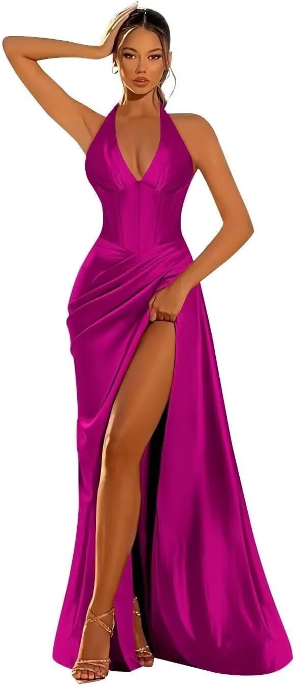 Halter Satin Prom Dresses for Women 2027 Long Mermaid Corset Formal Dress Pleated Evening Party Gowns with Slit