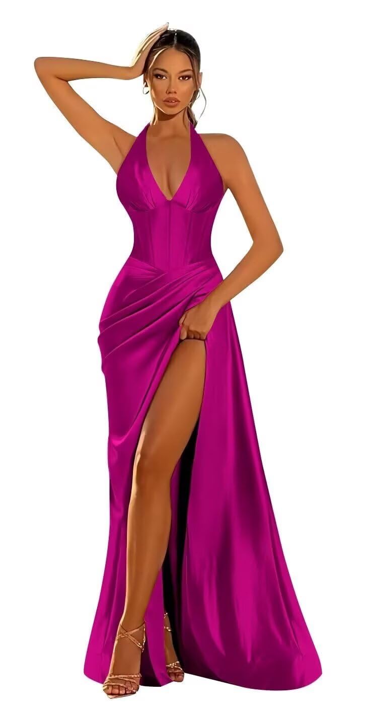 Halter Satin Prom Dresses for Women 2027 Long Mermaid Corset Formal Dress Pleated Evening Party Gowns with Slit