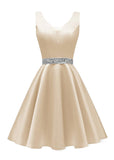 Satin Glitter Homecoming Dresses for Teens Short Prom Dress V-Neck Beaded Evening Formal Cocktail Party Gowns
