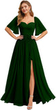 Women's Chiffon Bridesmaid Dresses for Wedding Flutter Sleeves Ruched A Line Long Formal Dress with Slit