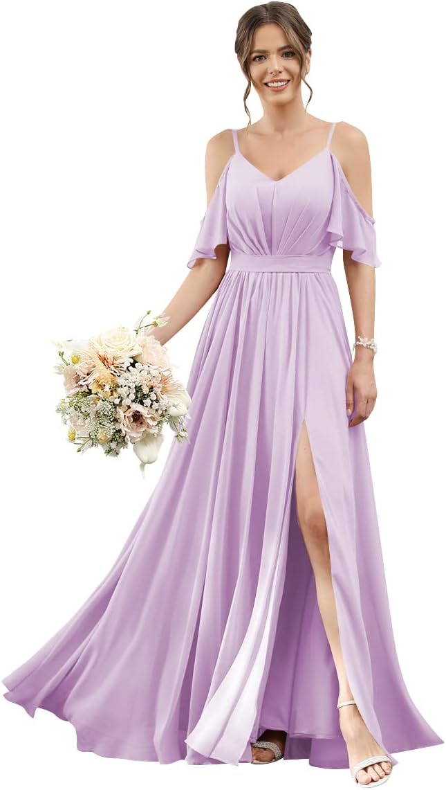 Women's Cold Shoulder Ruffle Sleeves Bridesmaid Dresses for Women 2025 Pleated Chiffon Formal Dresses with Slit