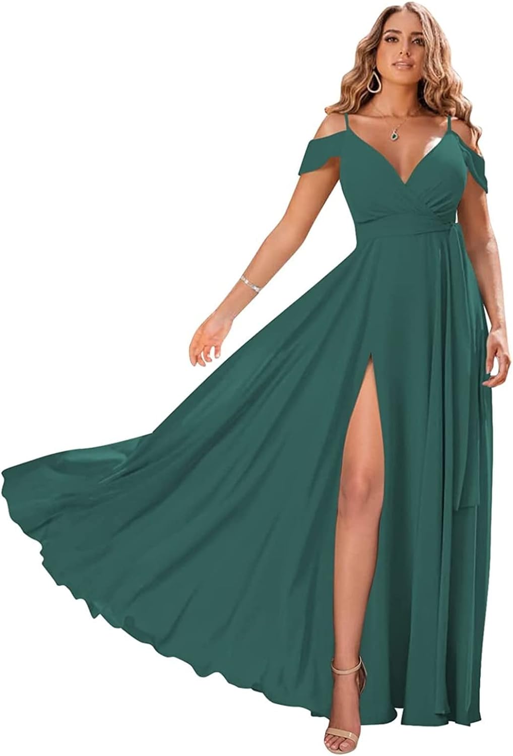 Schulterfreie Brautjungfernkleider 2025 für Frauen, langes Chiffon-Abendkleid mit V-Ausschnitt und Schlitz