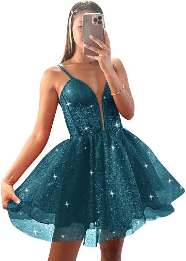 Glitter Tulle Homecoming Dresses for Teens Spaghetti V Neck Short Prom Dresses A Line Mini Cocktail Party Gowns