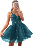 Glitter Tulle Homecoming Dresses for Teens Spaghetti V Neck Short Prom Dresses A Line Mini Cocktail Party Gowns