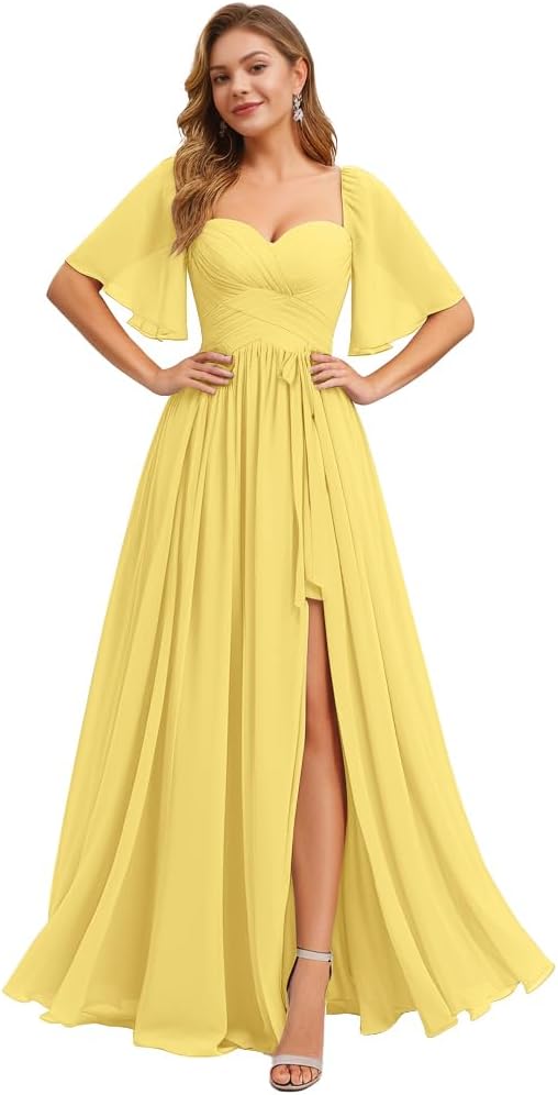 Women's Chiffon Bridesmaid Dresses for Wedding Flutter Sleeves Ruched A Line Long Formal Dress with Slit