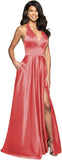 Womens Satin Prom Dresses Long with Slit Halter Evening Formal Gowns for Women with Pockets
