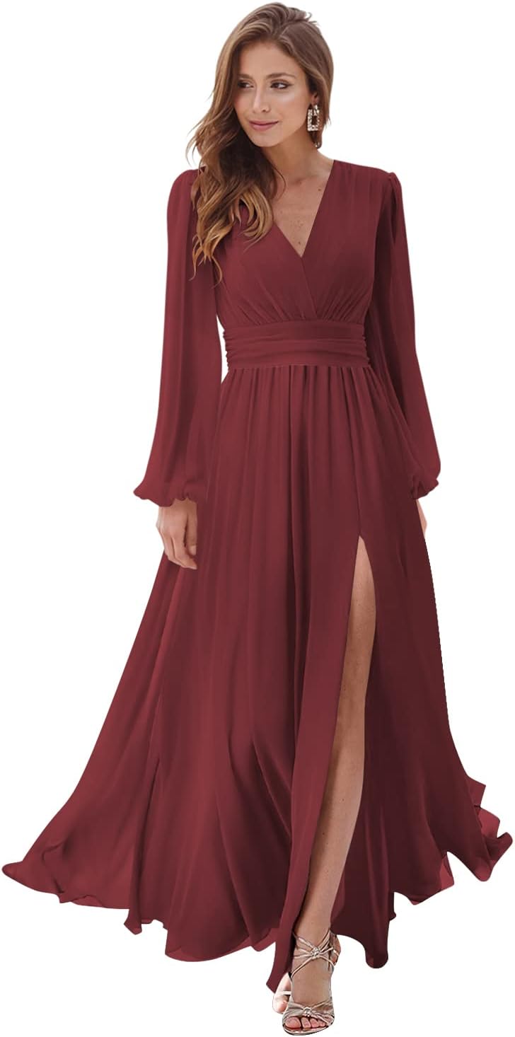 Women's Long Sleeve Bridesmaid Dresses with Slit V Neck A Line Chiffon Formal Evening Gowns with Pockets Mother of the Bride Gowns