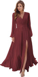 Women's Long Sleeve Bridesmaid Dresses with Slit V Neck A Line Chiffon Formal Evening Gowns with Pockets Mother of the Bride Gowns