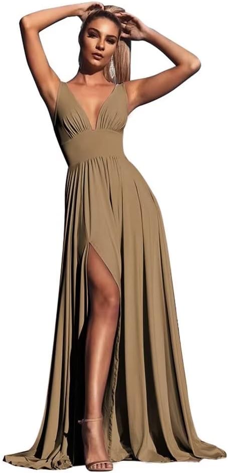 V-Ausschnitt Satin Brautjungfernkleider für Hochzeiten Geteilte Ballkleider Lange A-Linie Abendkleider für Damen 