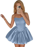 Strapless Satin Homecoming Dresses for Teens Jacquard Short Prom Dress A-line Cocktail Party Gowns with Pockets