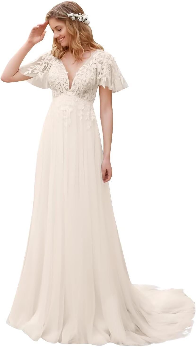 Kingbridal Gowns Lace Appliques Wedding Dresses for Bride Long V Neck Tulle Chiffon A-line Sleeveless Bridal Ball Gown for Women