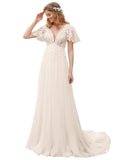 Kingbridal Gowns Lace Appliques Wedding Dresses for Bride Long V Neck Tulle Chiffon A-line Sleeveless Bridal Ball Gown for Women