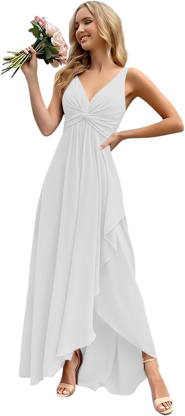 Women’s Long Bridesmaid Dresses Sleeveless V-Neck Formal Wedding Guest Chiffon Prom Gowns for Teens